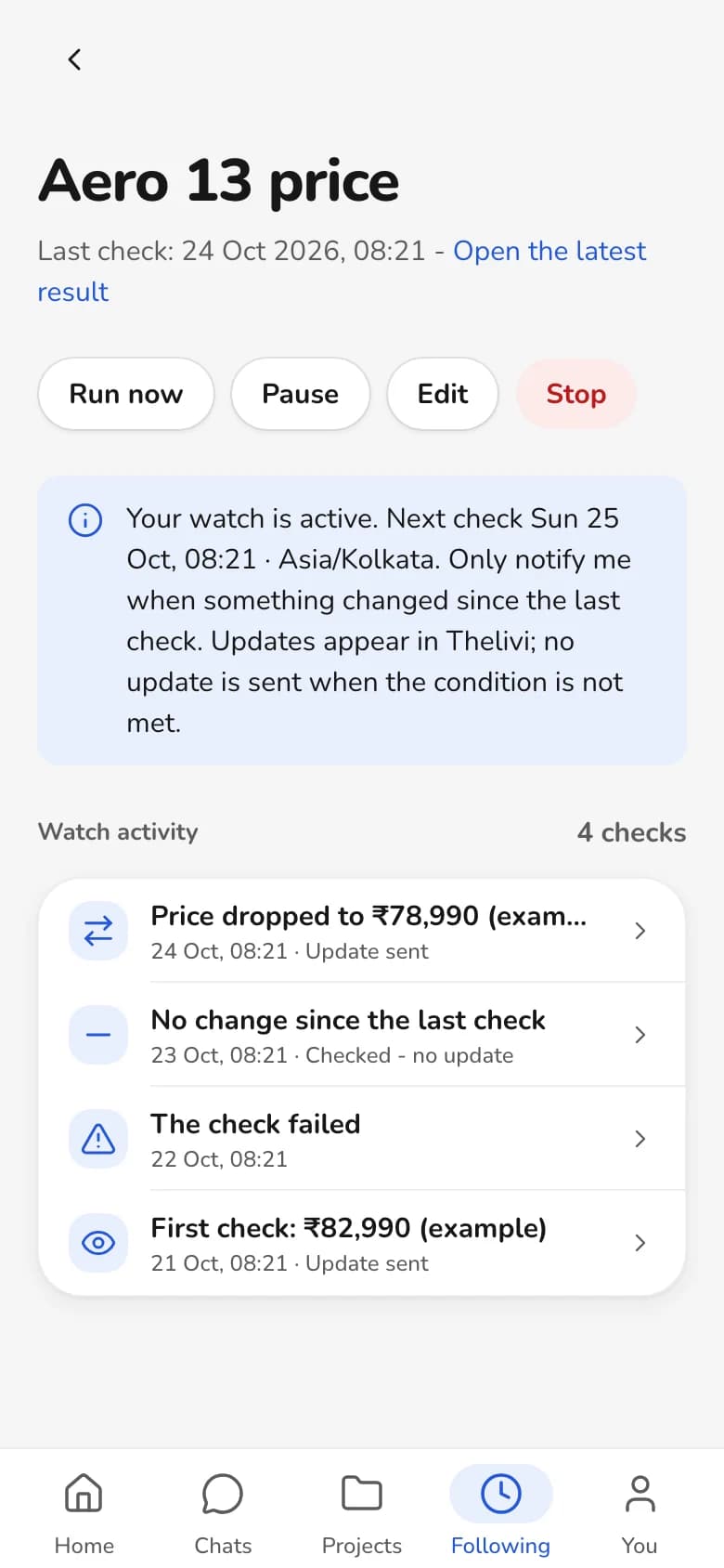 Thelivi on a phone: a price watch on the Aero 13 with its recent checks, including a price drop.
