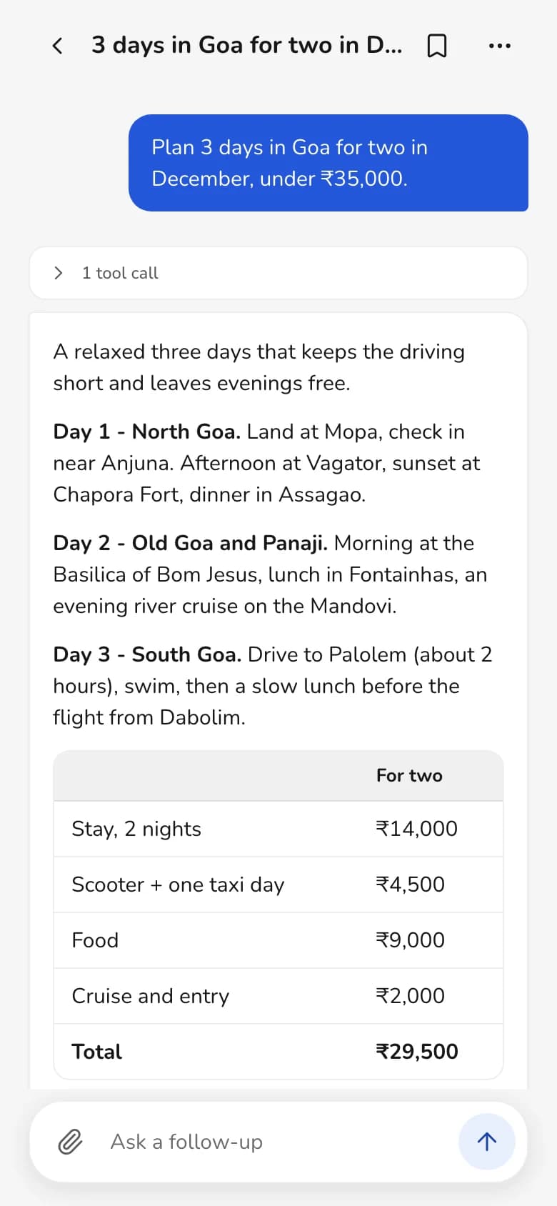 Thelivi on a phone: a three-day Goa plan for two, day by day, with a budget table totalling ₹29,500.