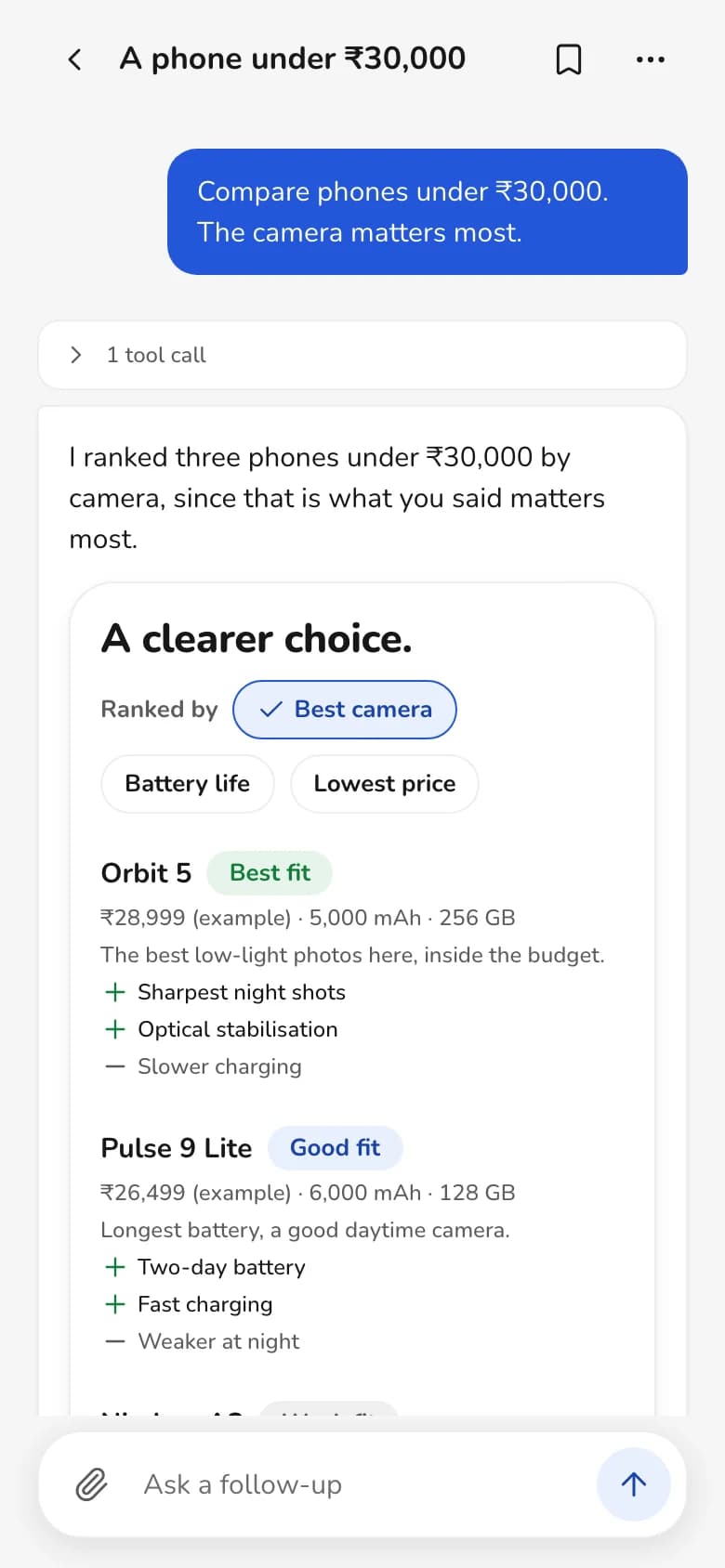 Thelivi on a phone: three phones under ₹30,000 ranked by camera, with the best fit marked.