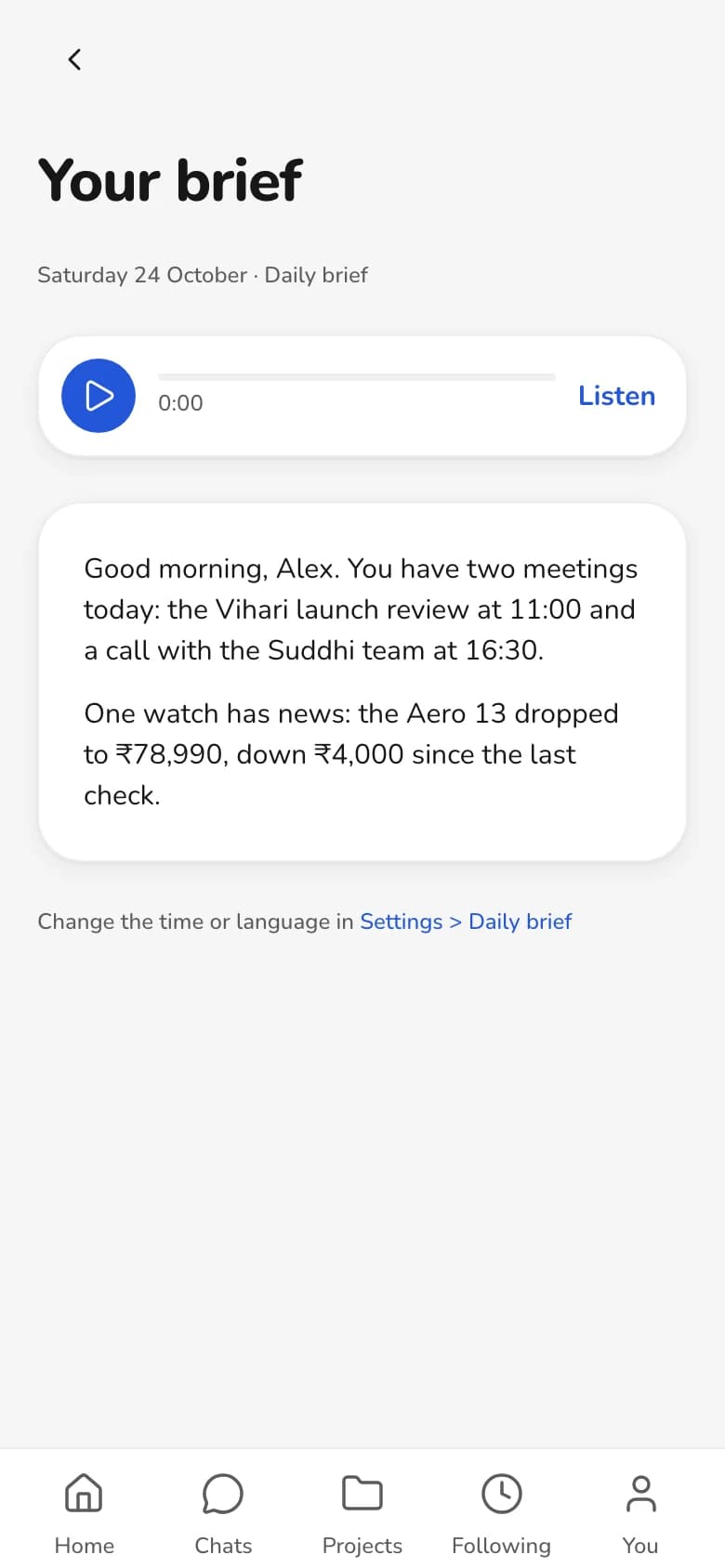 Thelivi on a phone: the daily brief with a Listen button and a summary of the day.