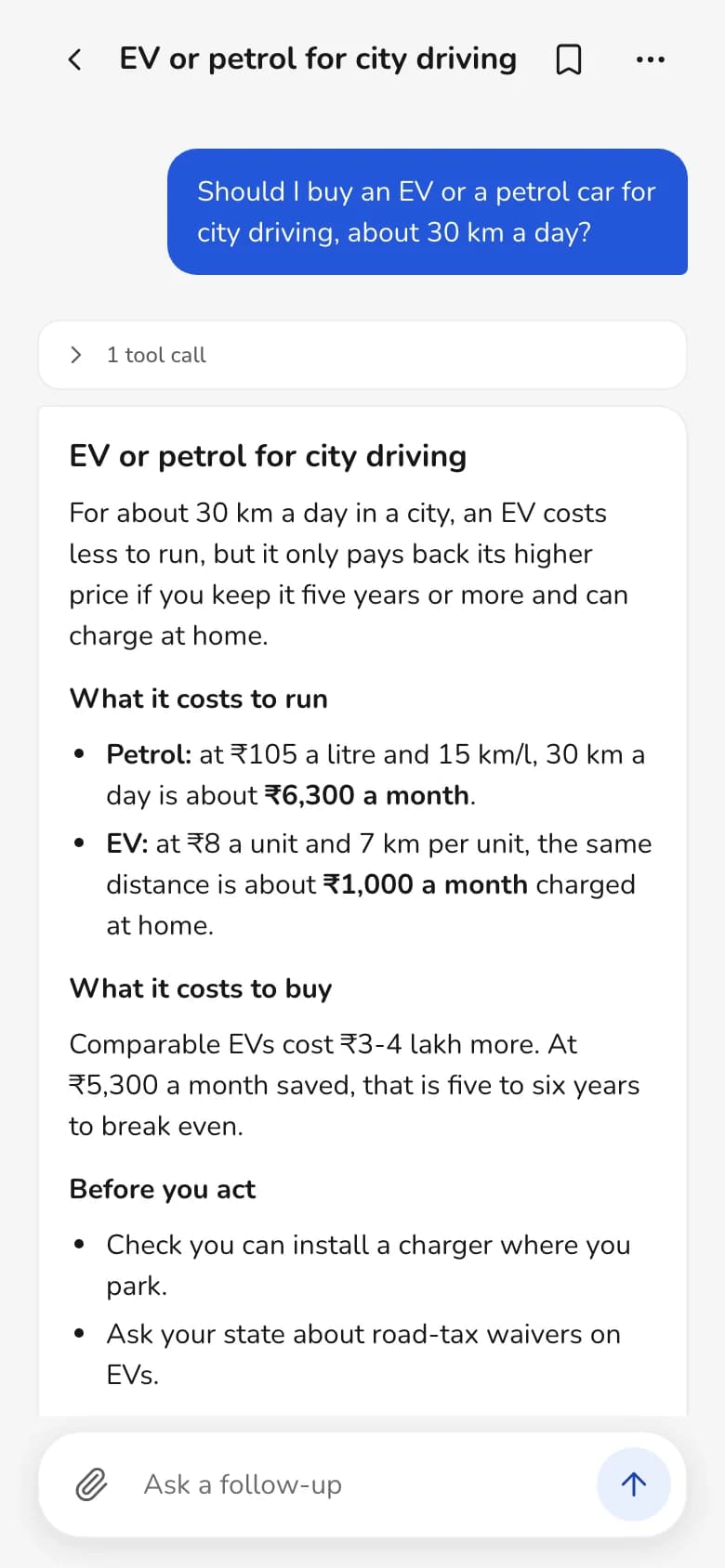 Thelivi on a phone: a report on EV versus petrol for city driving, with running costs and what to check before you act.