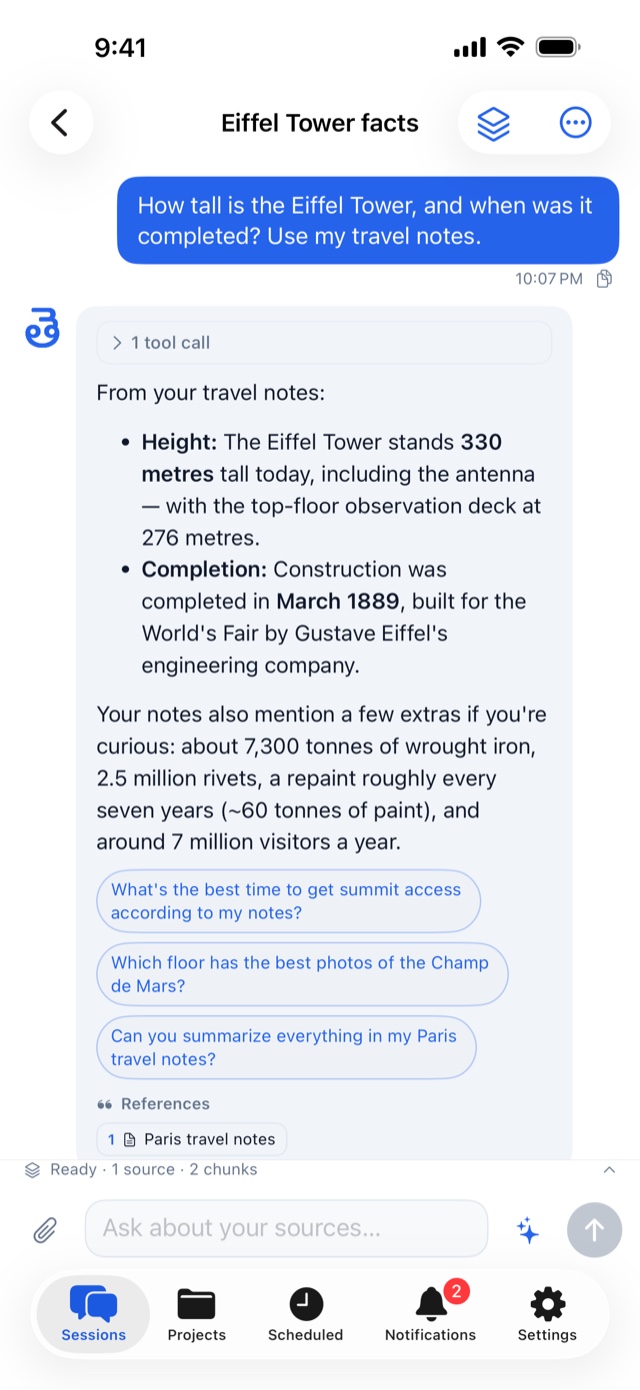 The iPhone app: a chat answering with Eiffel Tower facts from the user's own travel notes, with follow-up question chips and a References chip linking the source below the answer.