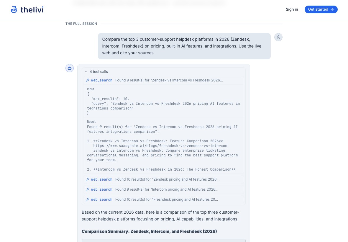 A chat session: the agent's tool calls expanded to show its web searches and results, above a cited answer with a comparison table.