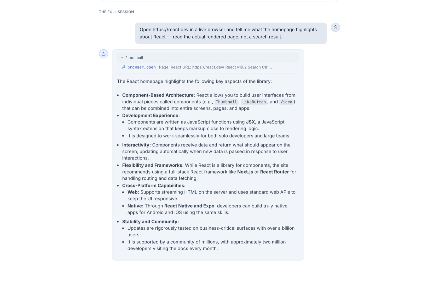 A published session: the agent's browser_open tool call reading react.dev's rendered homepage, above a summary of what the page highlights.