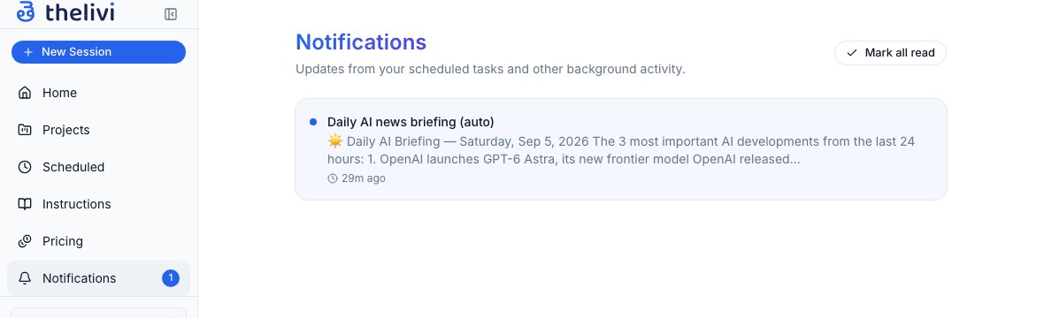 The Notifications page showing a completed scheduled run for the daily AI news briefing.