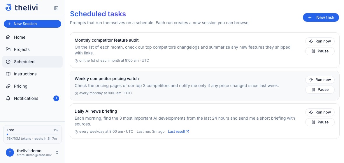 The Scheduled tasks page: a weekly competitor pricing watch, a daily AI news briefing, and a monthly feature audit, each with a cadence and a Run now button.